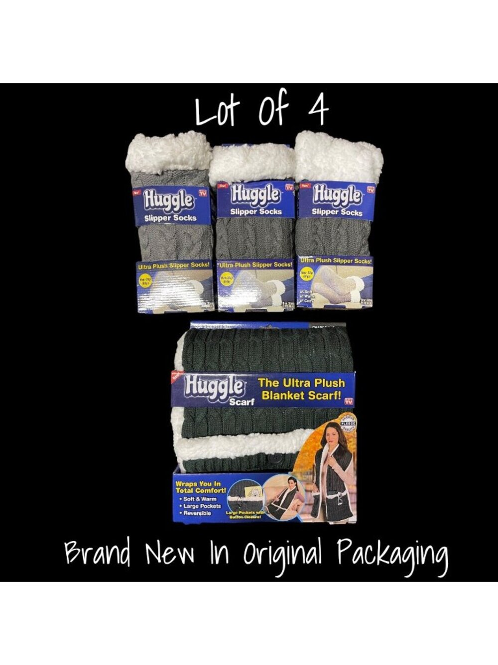 Huggle Slipper Socks Non-Slip Grips Ultra Plush Blanket Scarf Pockets X  4 New